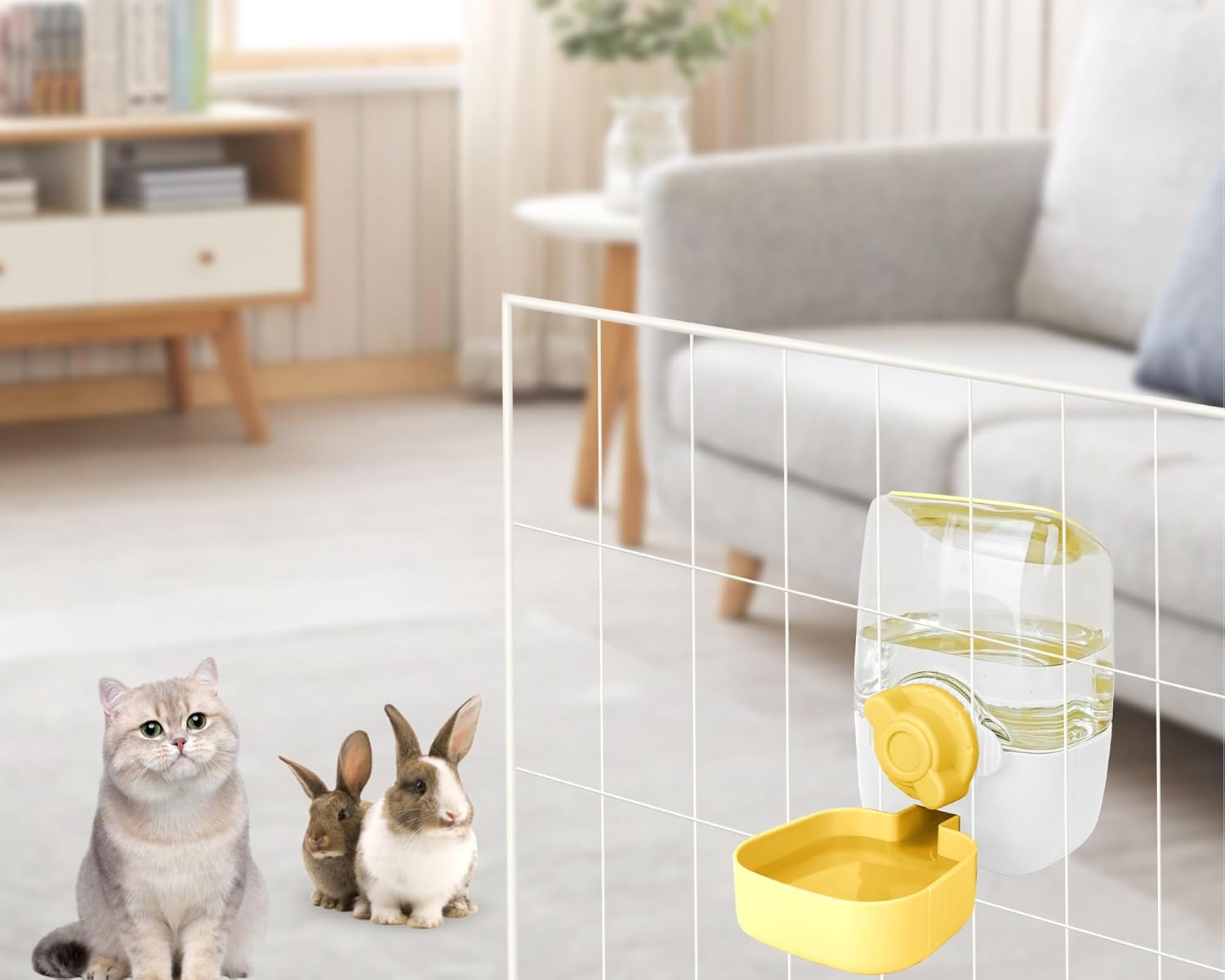 Automatic Replenish Pet Waterer, 1L Capacity Auto Siphon Gravity Cage Hanging Water Dispenser Set for Dog and Cat Small Animals, Removable Pet Water Bottle Water Container (Waterer, Yellow&White)